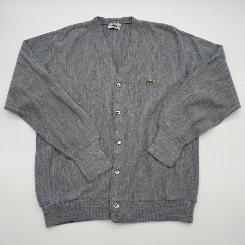 VTG Lacoste Gray Grandpa Core Cardigan Sweater Mens Sz Large‎ Preppy USA Izod